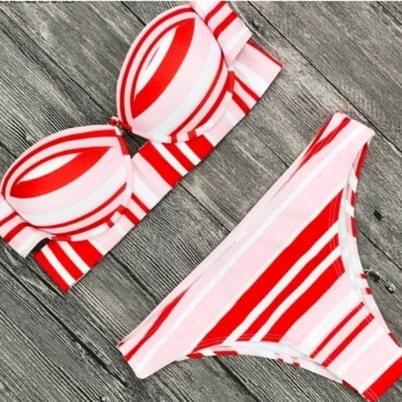 New Pink Striped Push Up Underwire Top Bikini Set Swimsuit Size L - Picture 2 of 6